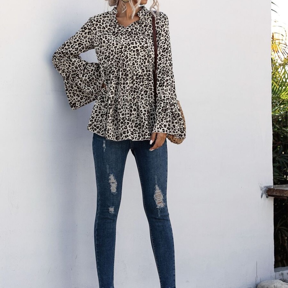 Leopard Print Peplum style long sleeve blouse - Picture 3 of 7